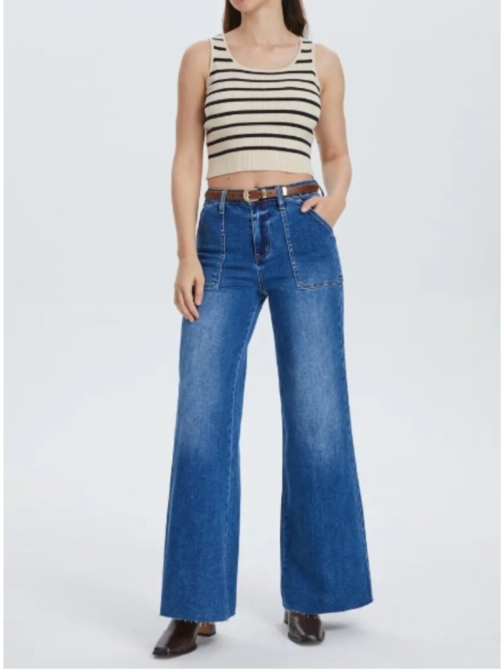 EUC BAYEAS Raw Hem High Waist Utility Wide Leg Jeans Dark Indigodnu Sz 32
